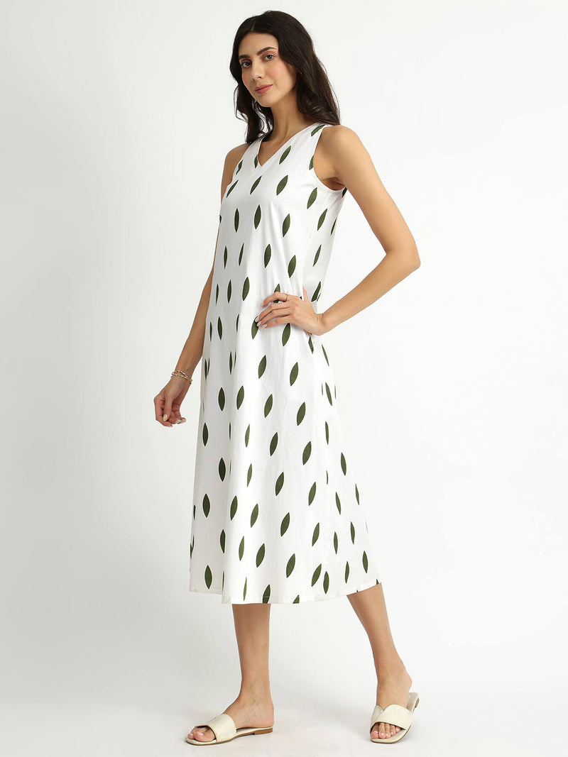 Cotton Sleeveless A-Line Dress - White & Green