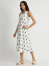 Cotton Sleeveless A-Line Dress - White & Green