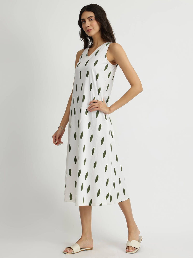 Cotton Sleeveless A-Line Dress - White & Green