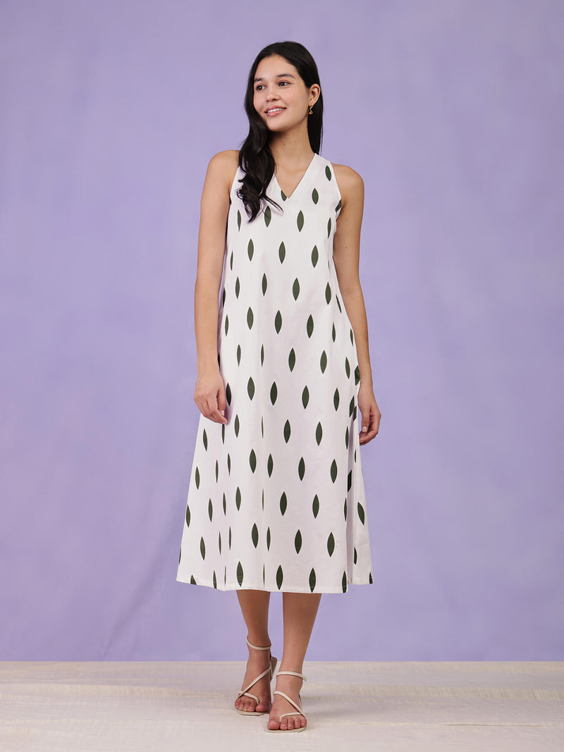 Cotton Sleeveless A-Line Dress - White & Green