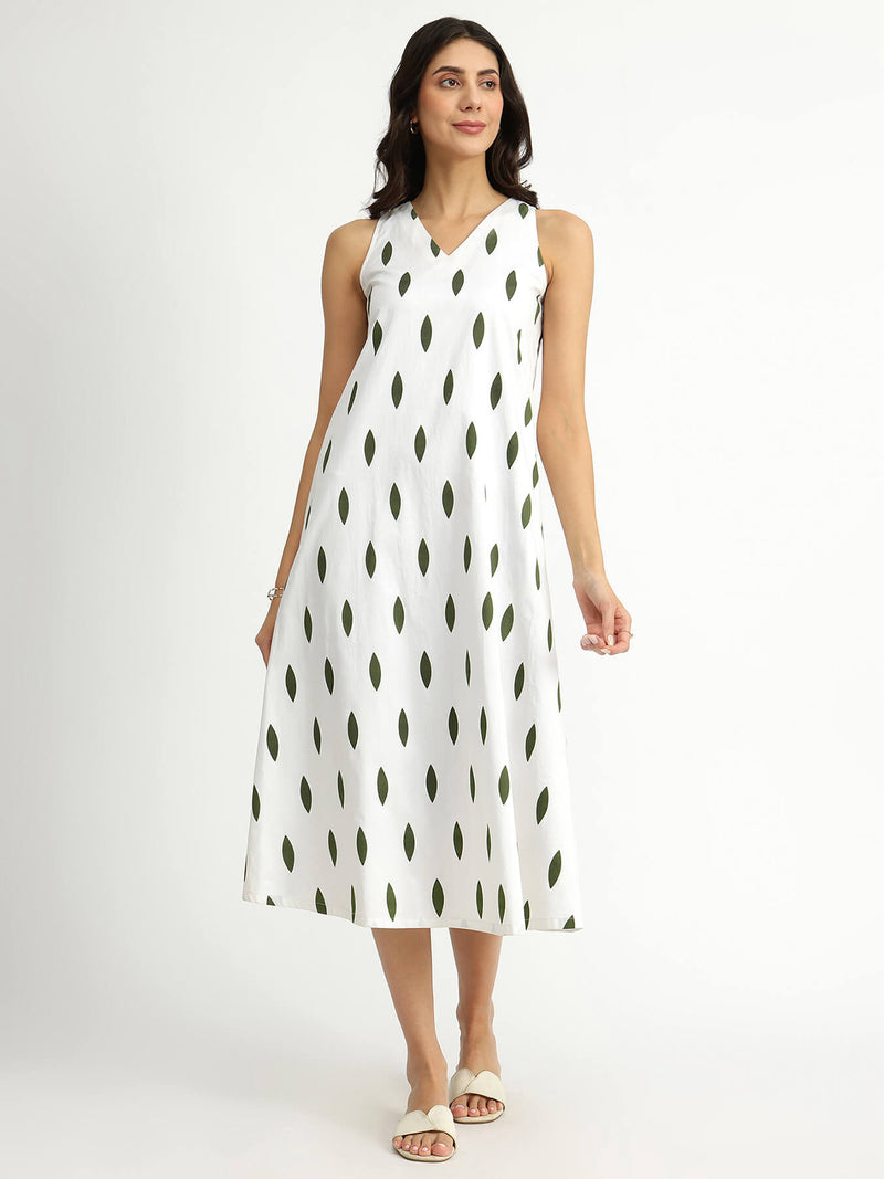 Cotton Sleeveless A-Line Dress - White & Green