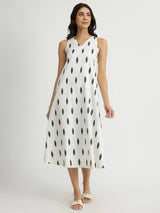 Cotton Sleeveless A-Line Dress - White & Green