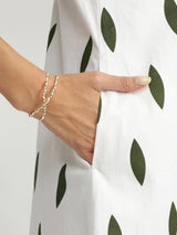 Cotton Sleeveless A-Line Dress - White & Green