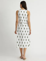 Cotton Sleeveless A-Line Dress - White & Green