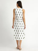 Cotton Sleeveless A-Line Dress - White & Green