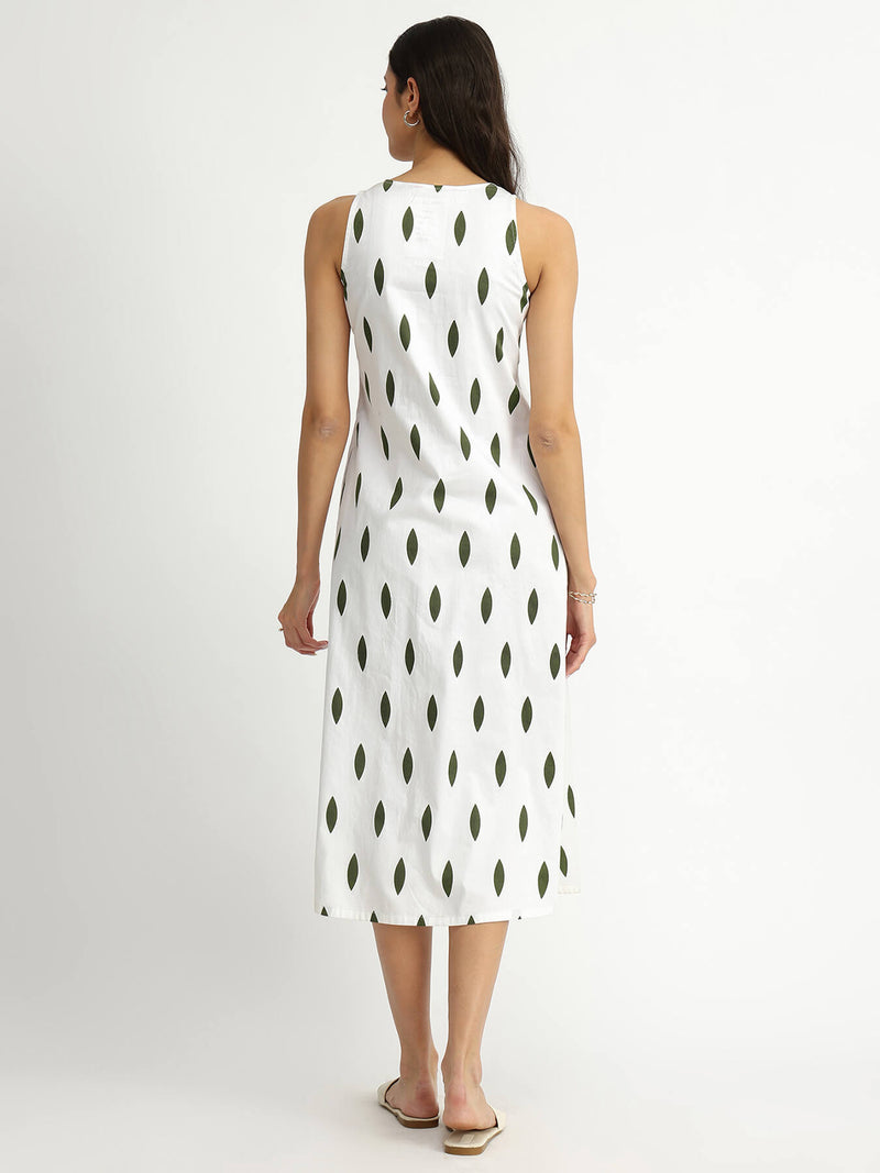 Cotton Sleeveless A-Line Dress - White & Green