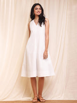 Cotton V-Neck A-Line Dress - White