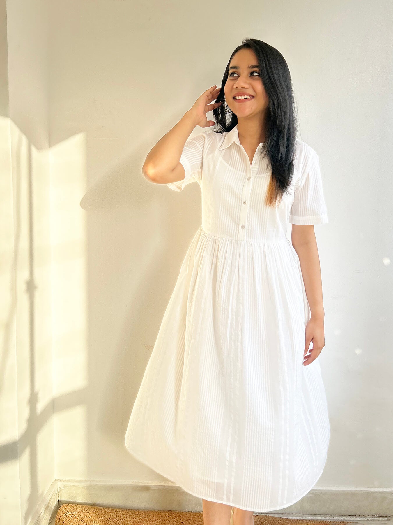 Cotton Striped Shirt Dress - White
