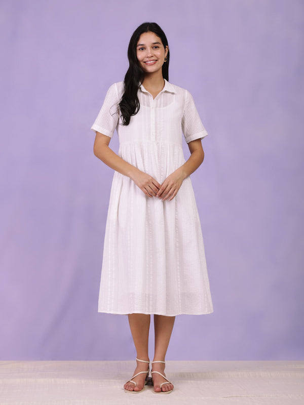Cotton Striped Shirt Dress - White