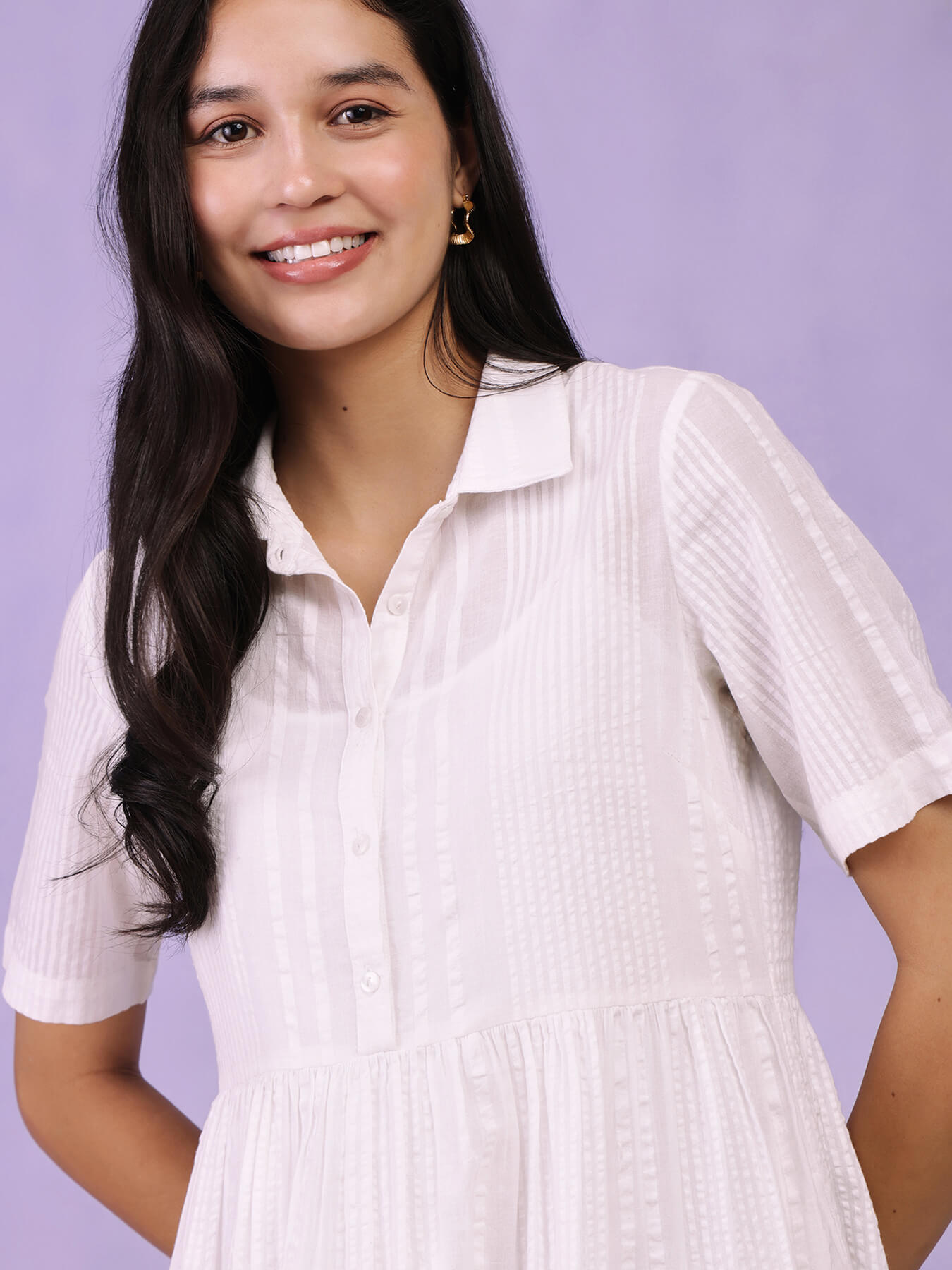 Cotton Striped Shirt Dress - White