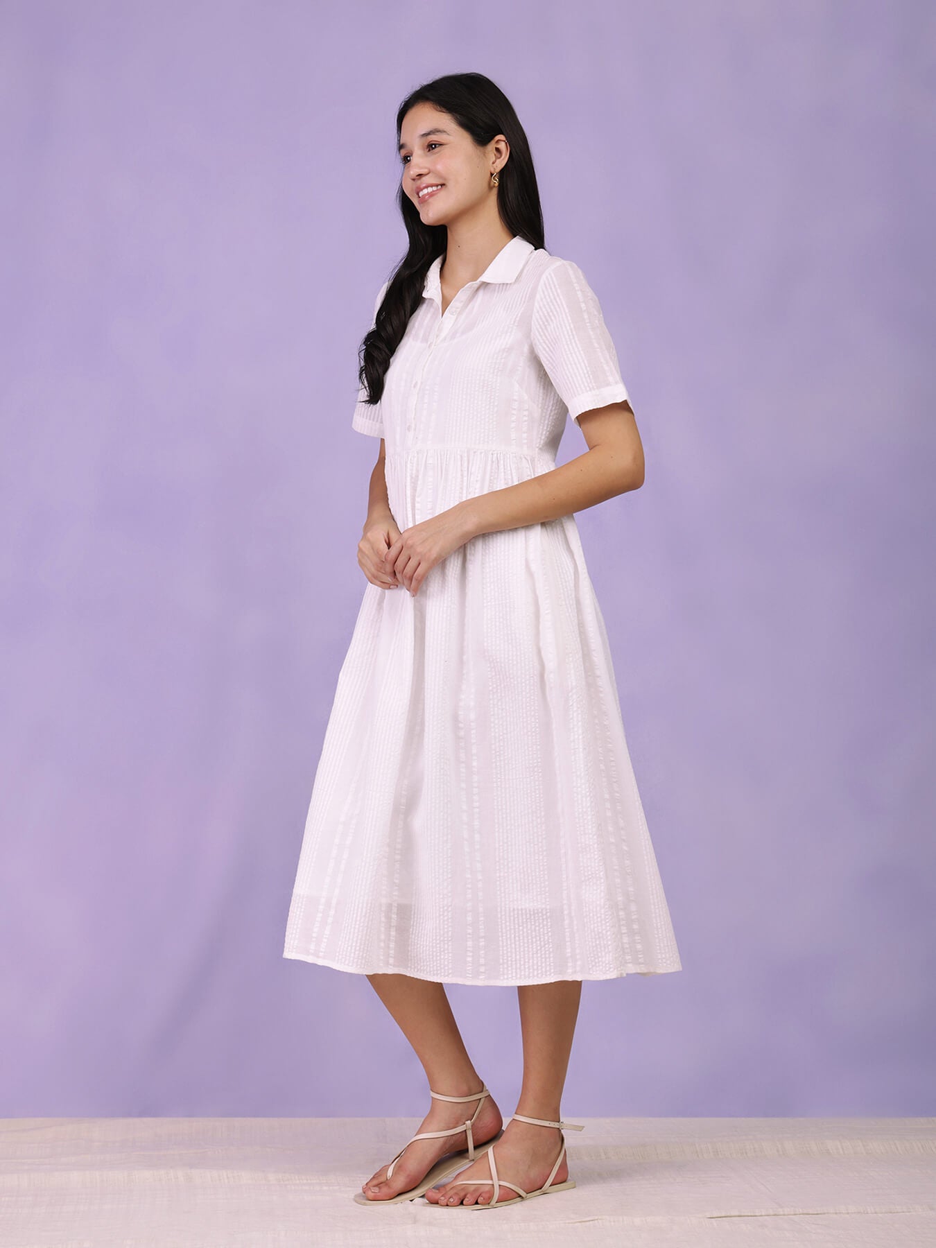 Cotton Striped Shirt Dress - White