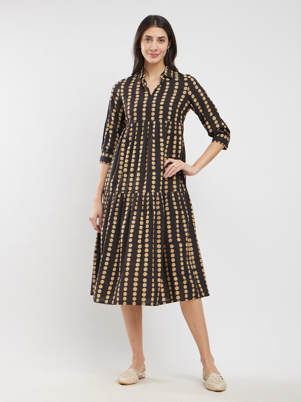 Cotton Ajrakh Polka Shirt Dress - Black