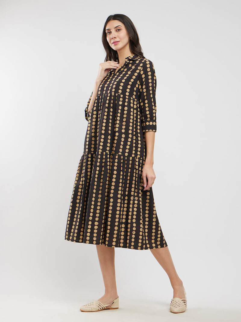 Cotton Ajrakh Polka Shirt Dress - Black