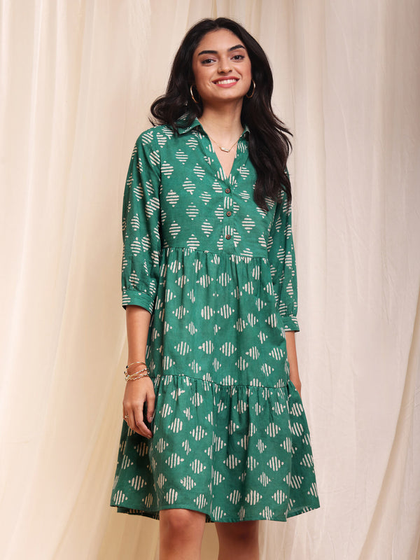 Cotton Dabu Geometric Tiered Dress - Green