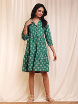 Cotton Dabu Geometric Tiered Dress - Green