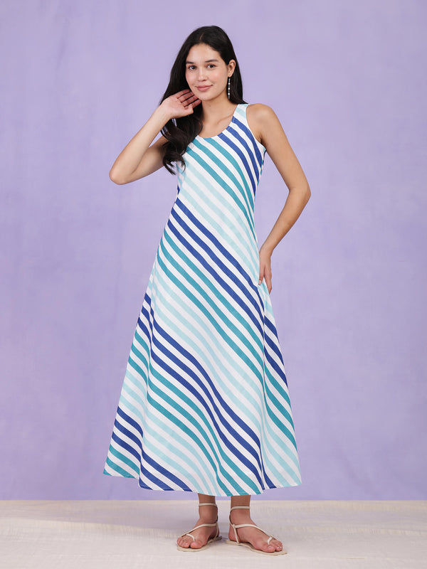 Cotton Diagonal Striped Dress - Blue