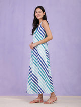 Cotton Diagonal Striped Dress - Blue
