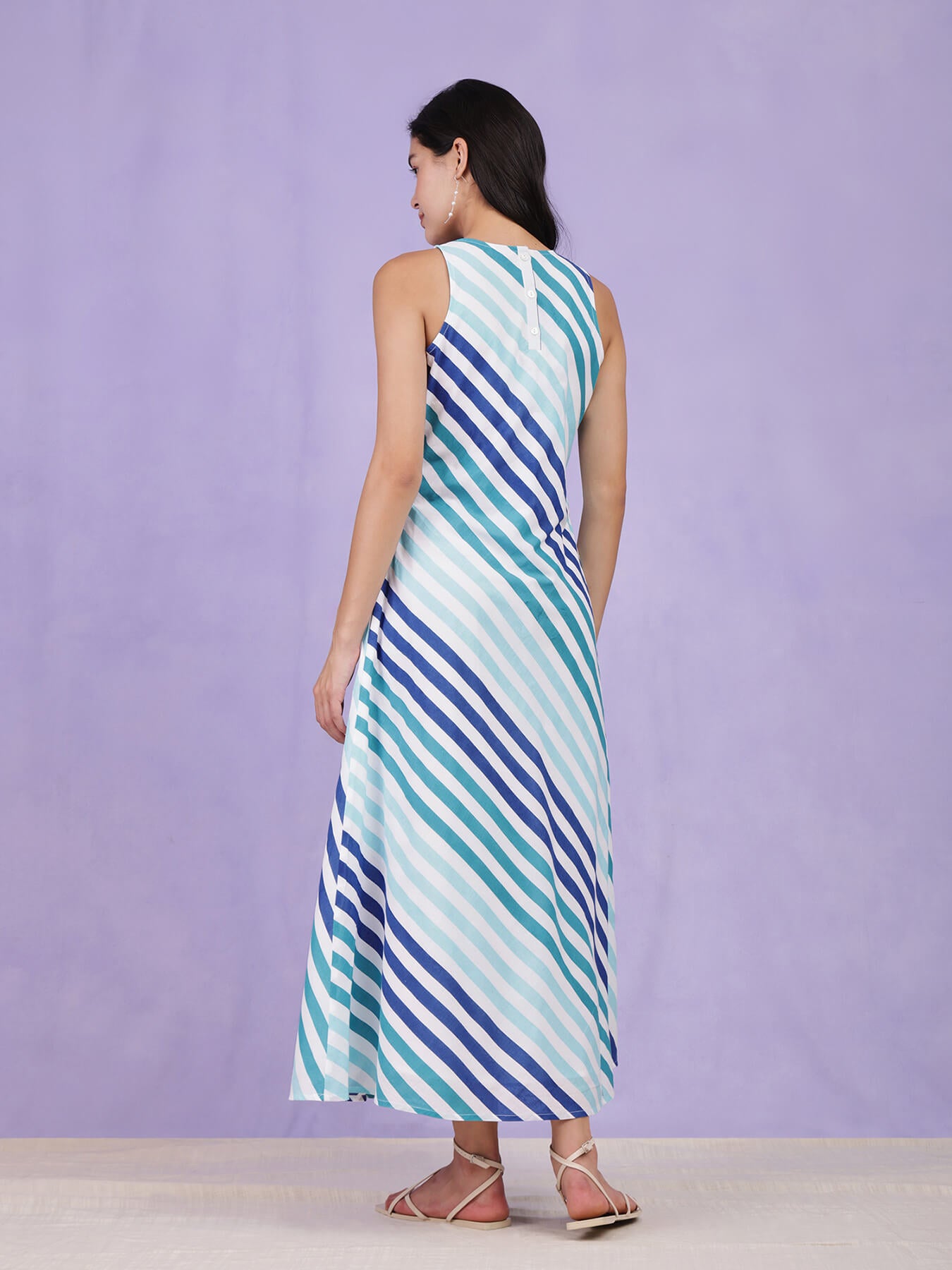 Cotton Diagonal Striped Dress - Blue