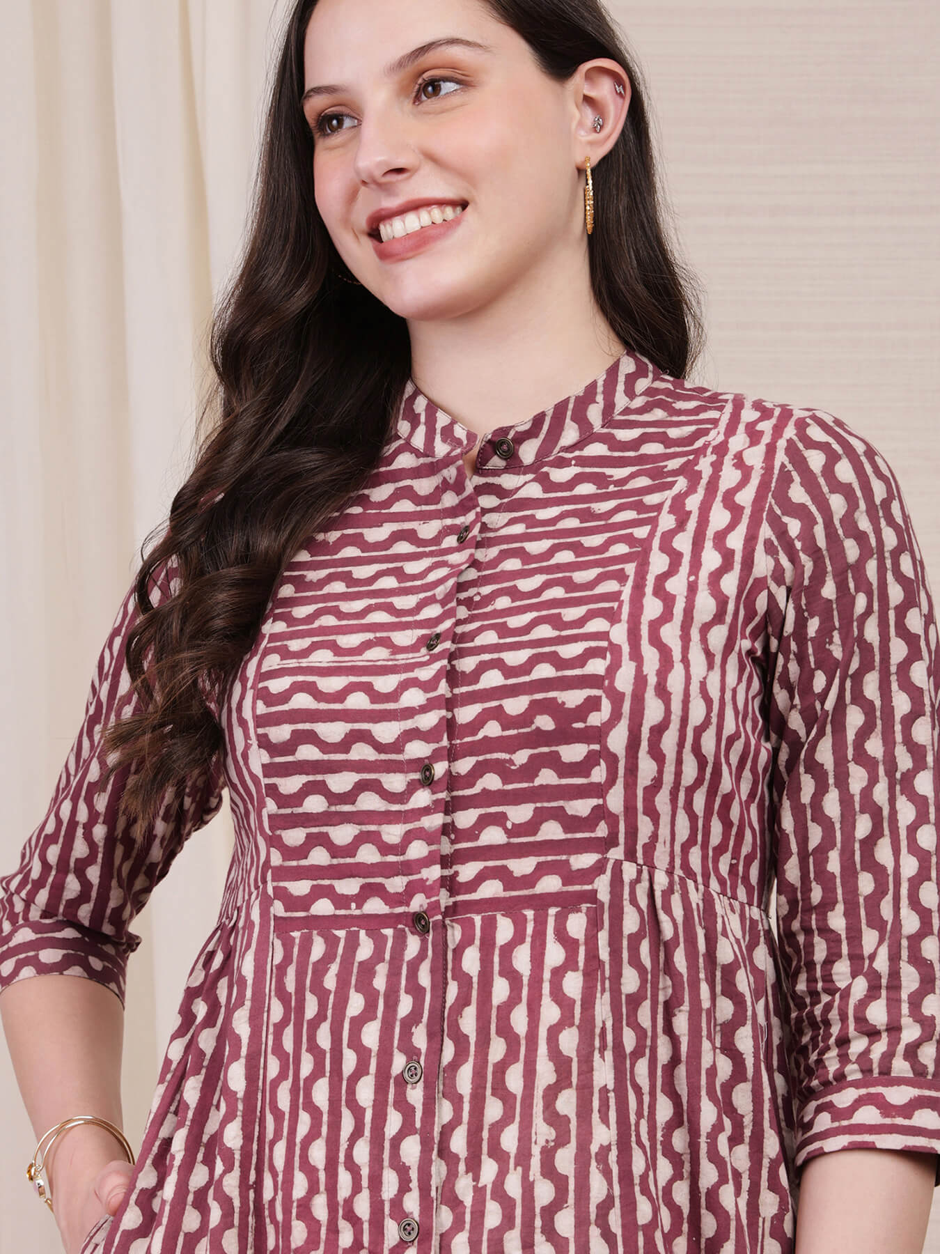 Cotton Dabu Striped Flared Dress - Purple