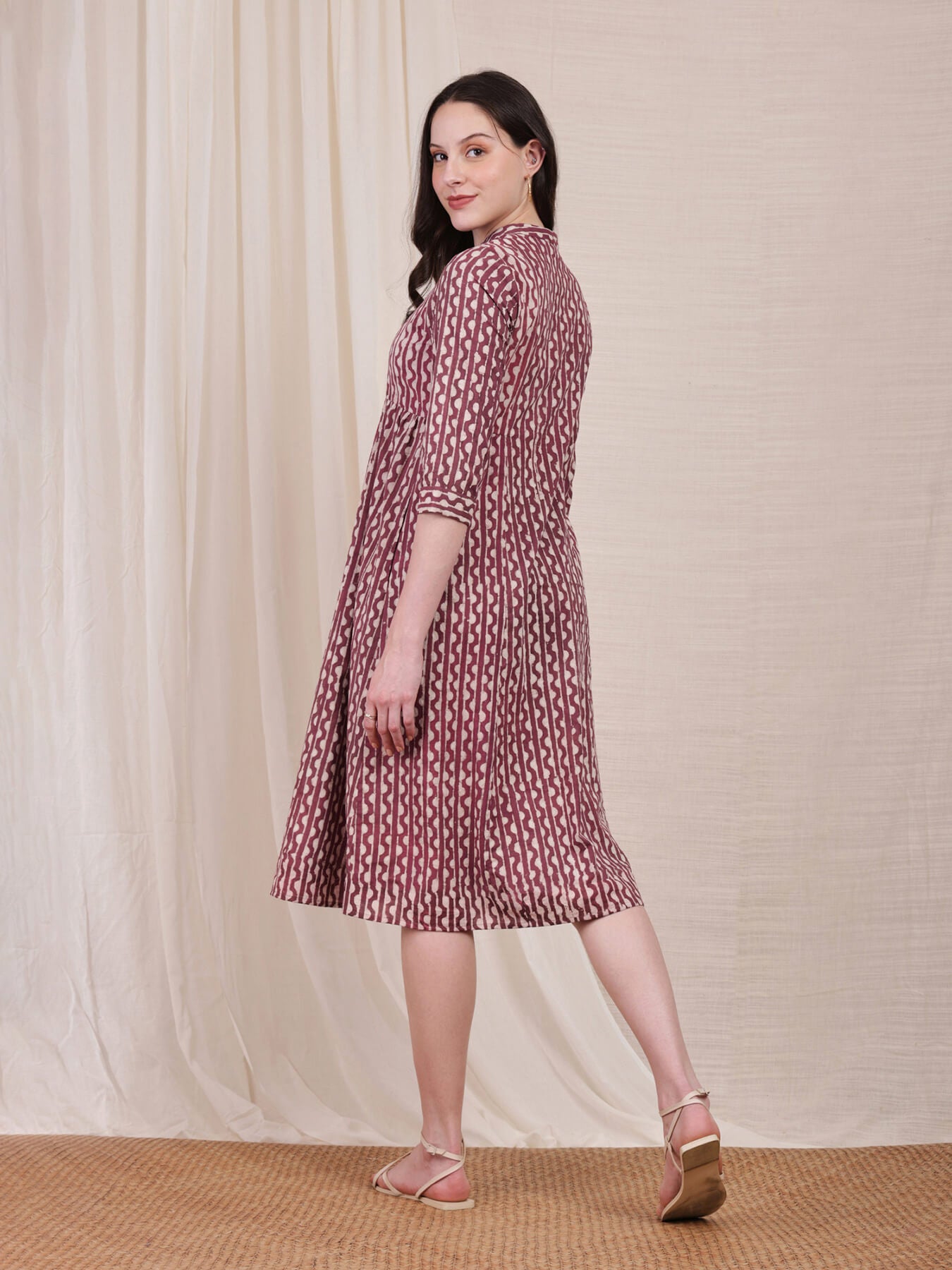 Cotton Dabu Striped Flared Dress - Purple
