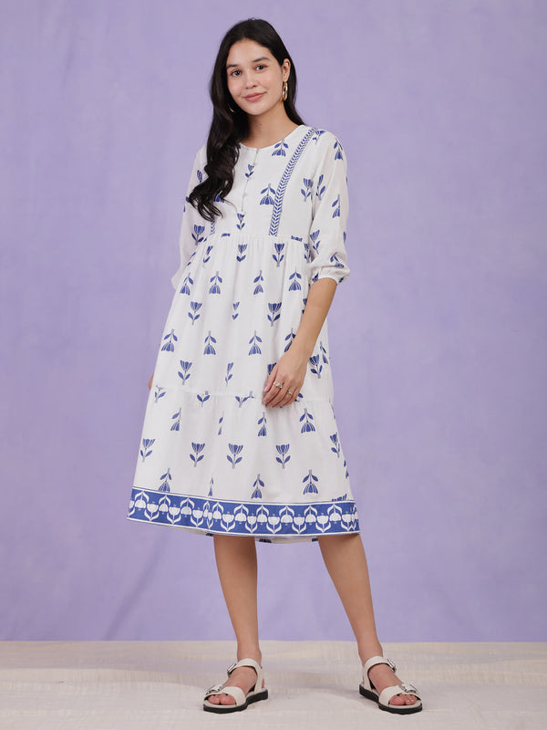 Cotton Floral Gathered Dress - Blue & White