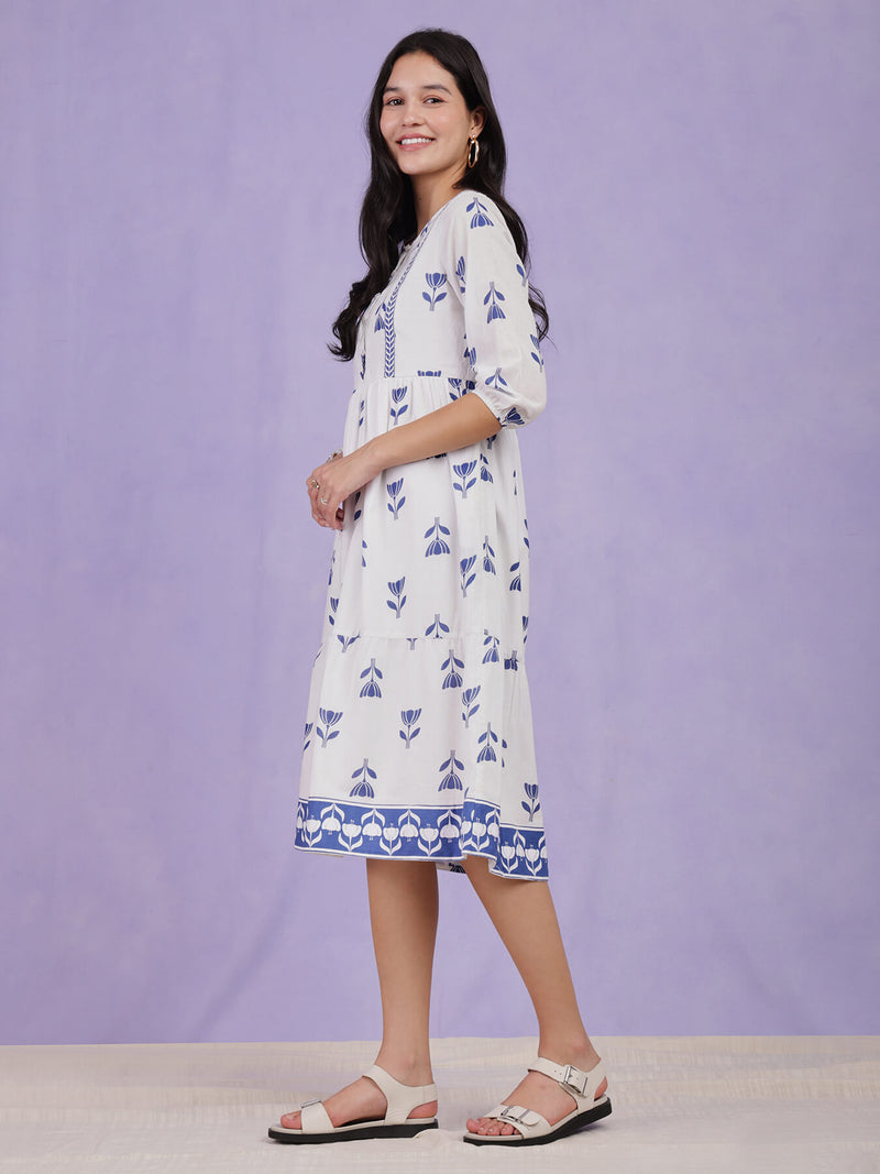 Cotton Floral Gathered Dress - Blue & White
