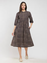 Cotton Ajrakh Striped Dress - Black