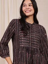 Cotton Ajrakh Striped Dress - Black