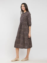 Cotton Ajrakh Striped Dress - Black