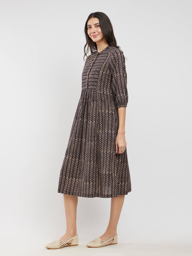 Cotton Ajrakh Striped Dress - Black