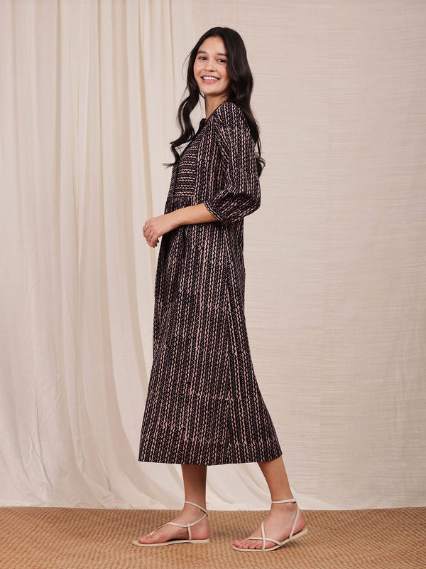 Cotton Ajrakh Striped Dress - Black