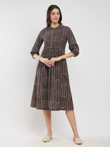 Cotton Ajrakh Striped Dress - Black