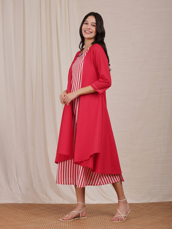 Cotton Striped Cape Dress - Red