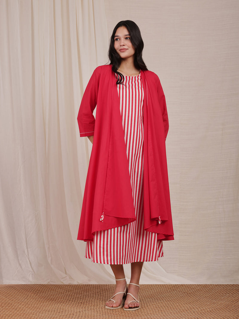 Cotton Striped Cape Dress - Red