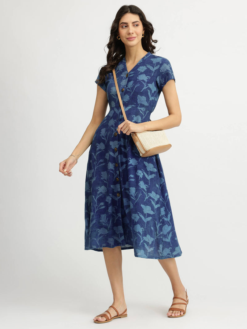 Cotton Dabu Floral Dress - Navy Blue
