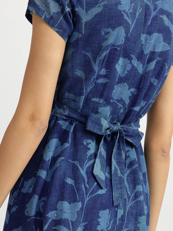 Cotton Dabu Floral Dress - Navy Blue