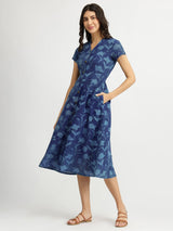Cotton Dabu Floral Dress - Navy Blue