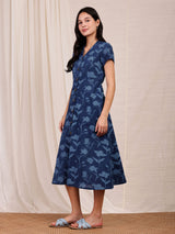 Cotton Dabu Floral Dress - Navy Blue
