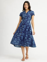 Cotton Dabu Floral Dress - Navy Blue