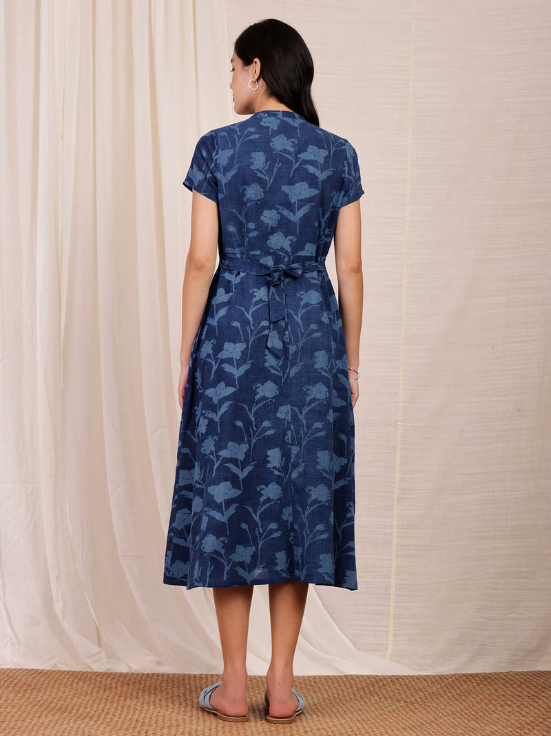Cotton Dabu Floral Dress - Navy Blue