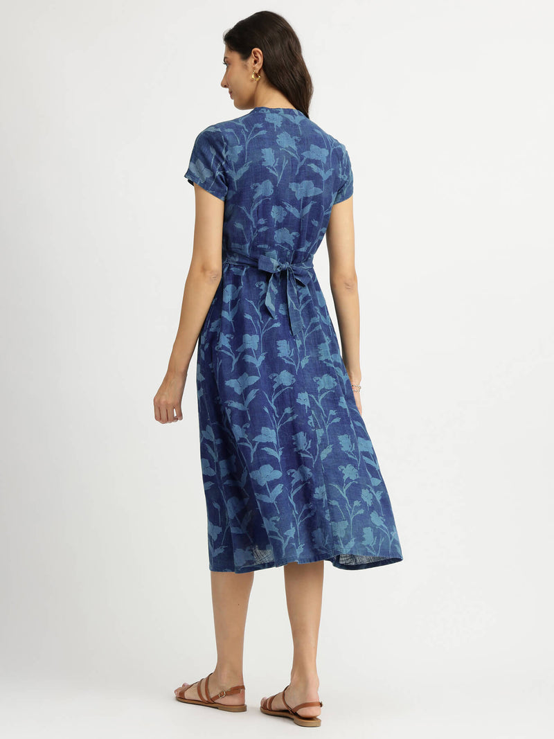 Cotton Dabu Floral Dress - Navy Blue