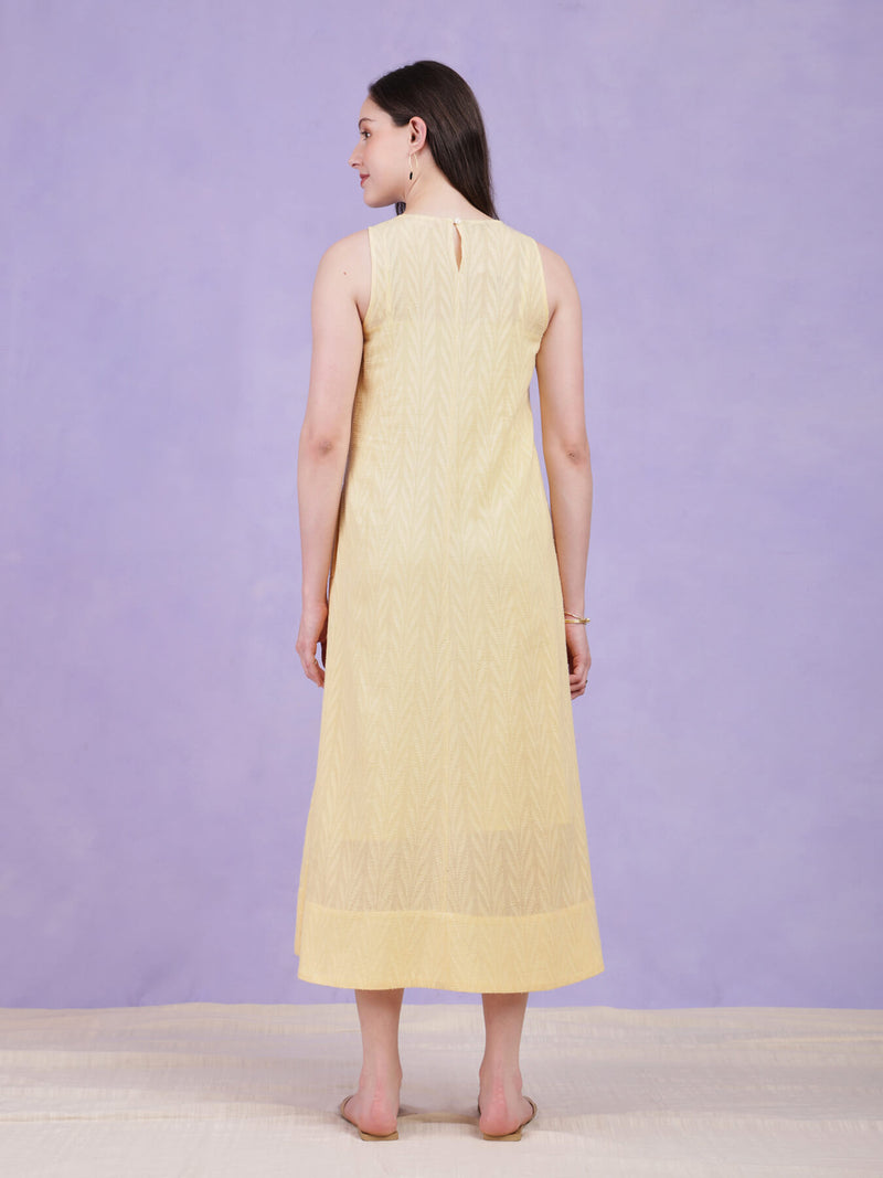 Cotton Jacquard A-Line Dress - Yellow