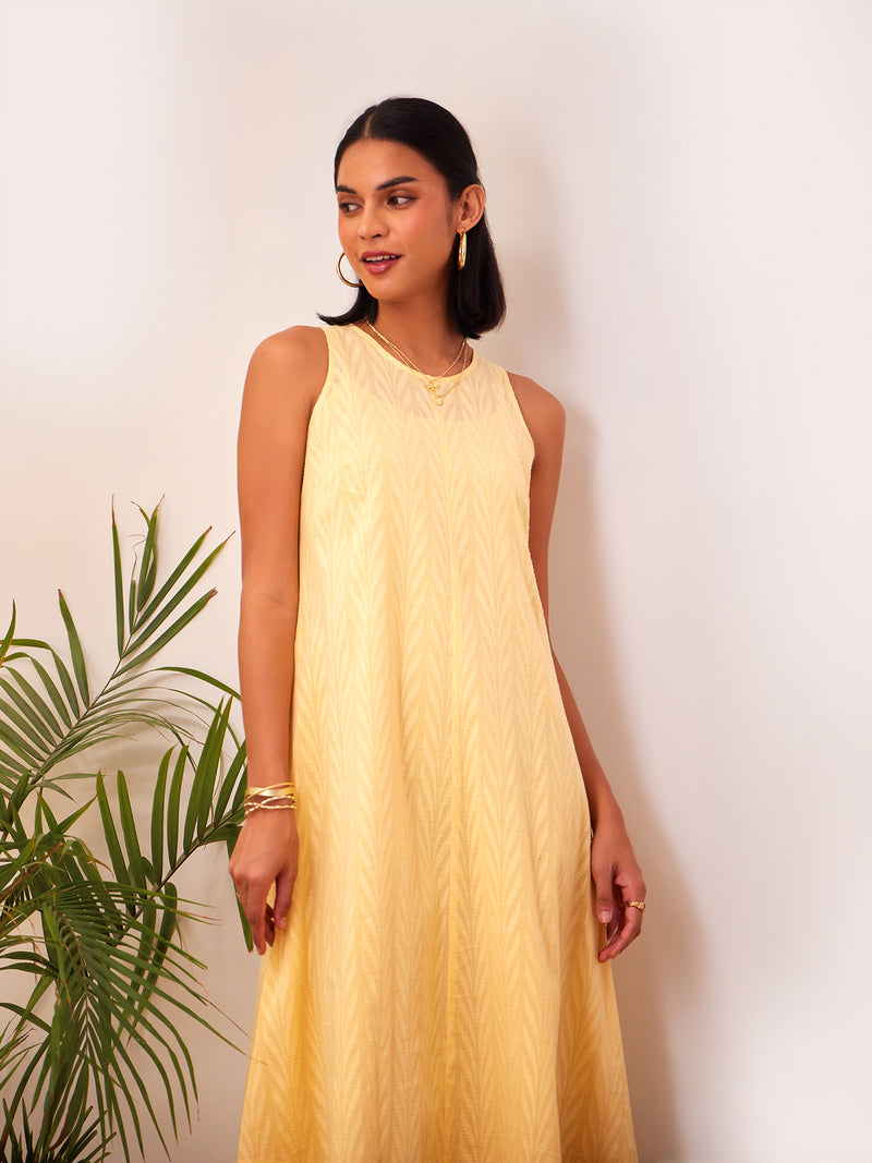 Cotton Jacquard A-Line Dress - Yellow