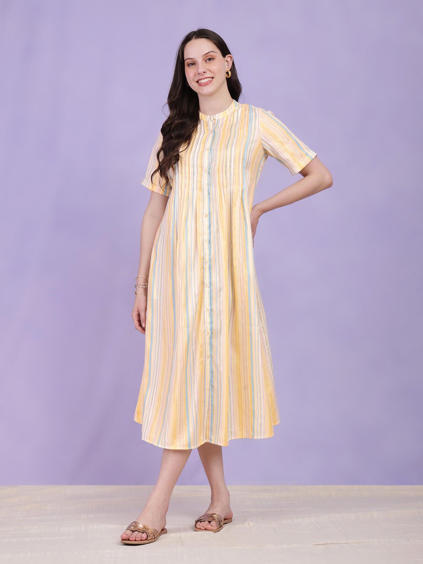 Cotton Striped A-Line Dress - Yellow & Blue