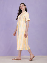 Cotton Striped A-Line Dress - Yellow & Blue