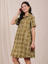 Cotton Dabu Geometric Shirt Dress - Green