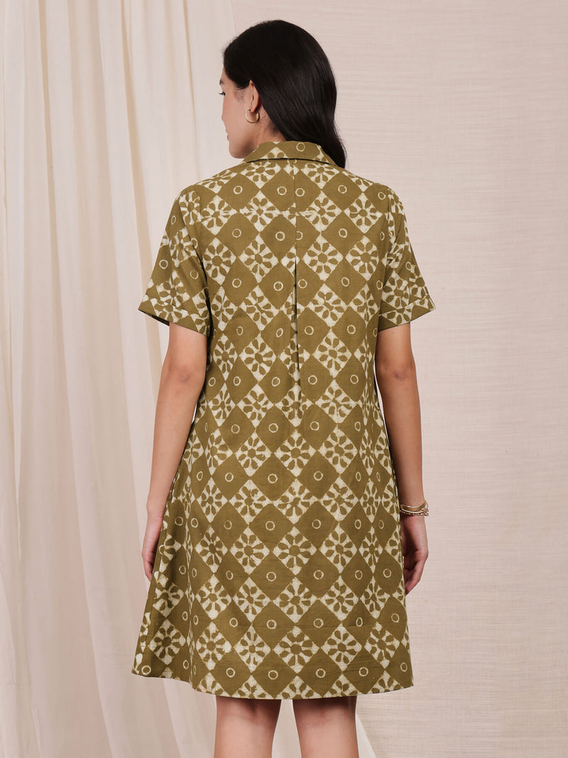 Cotton Dabu Geometric Shirt Dress - Green