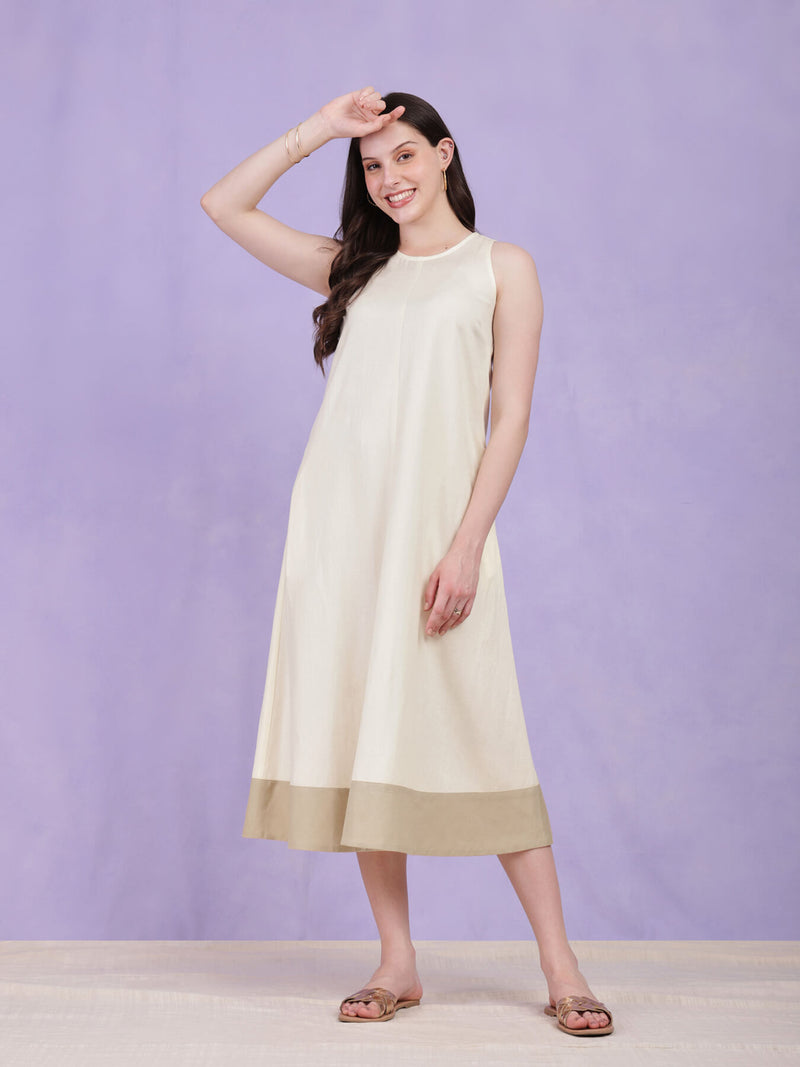 Colourblock A-Line Dress - Cream & Beige
