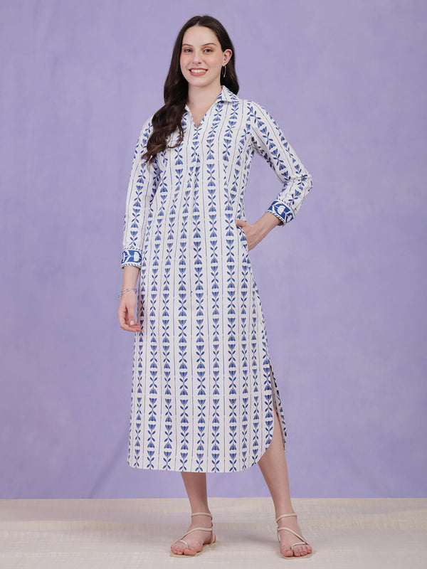 Cotton Floral Shirt Dress - Blue & White