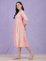 Cotton Jacquard Gathered Dress - Pink